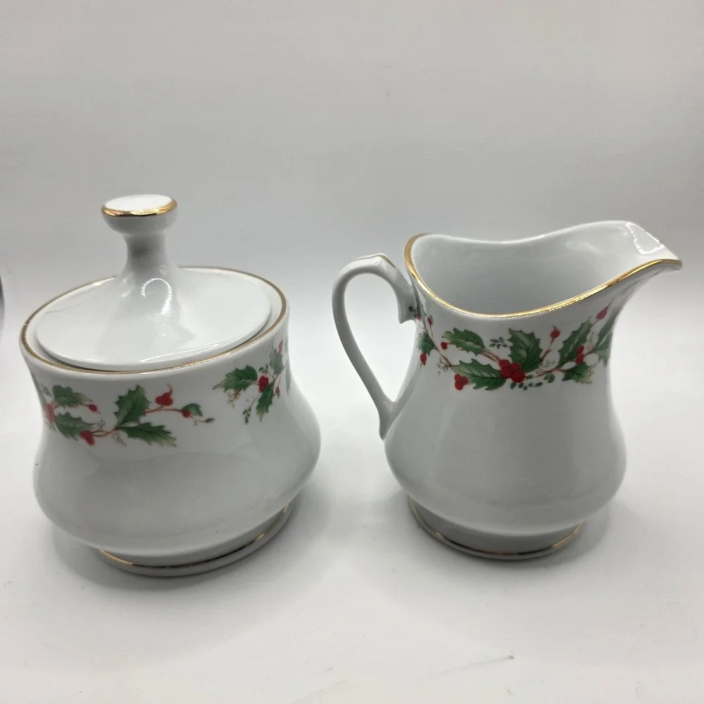 China Pearl Noel Fine China Sugar Bowl and Creamer Set Holly Berry Gold Rim